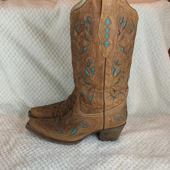 Corral cowgirl boots sz 8 tan and turquoise western country coastal *flaw - Picture 2 of 6